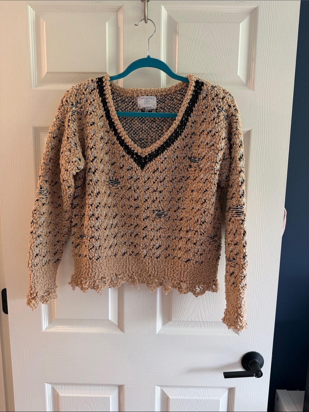 Absolutely Beige Knit V-Neck Sweater with Black Accent